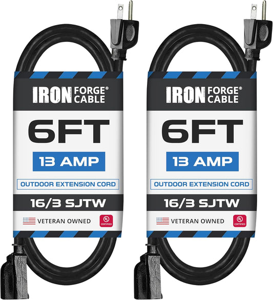 2 Pack of 6 Ft Outdoor Extension Cords - 16/3 Heavy Duty Black Extension Cord Pack